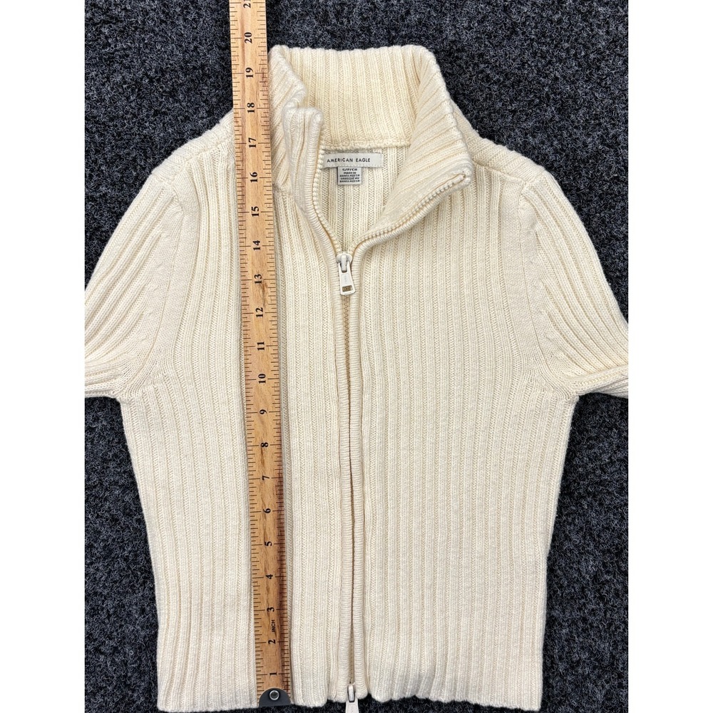 American Eagle Cream Ribbed Full Zip Mock Neck Sweater Small Two Way Zipper - Picture 4 of 5